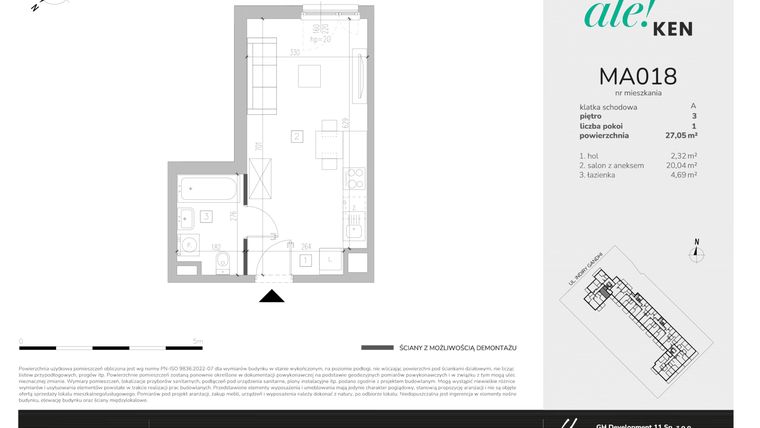 Rzut - Mieszkanie na sprzedaż 1 pokój o powierzchni 27,05 m² - numer MA018 w Ale!Ken