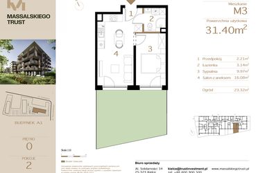 Rzut - Mieszkanie na sprzedaż 2 pokoje o powierzchni 31,4 m² - numer M3 w Massalskiego Trust