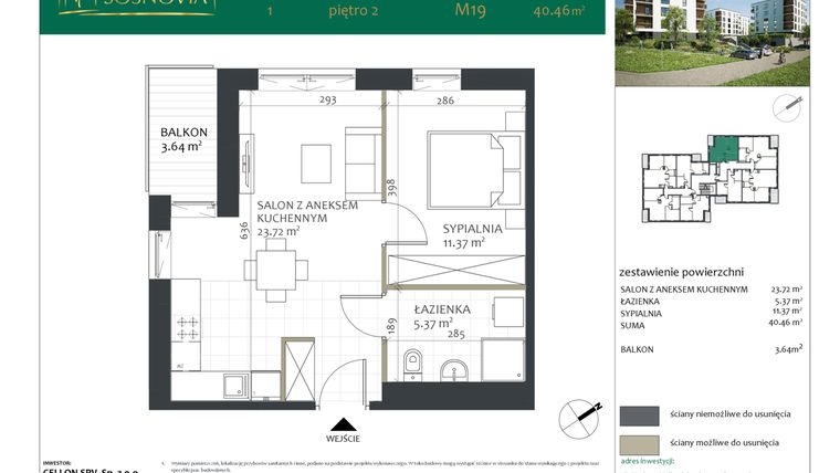 Rzut - Mieszkanie na sprzedaż 2 pokoje o powierzchni 40,46 m² - numer 1.M19 w Sosnovia