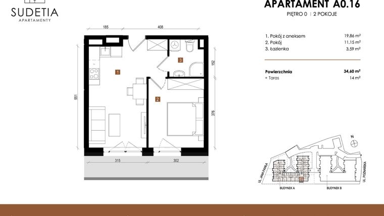 Rzut - Mieszkanie na sprzedaż 2 pokoje o powierzchni 34,6 m² - numer A 0.16 w Apartamenty Sudetia
