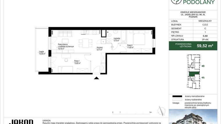 Rzut - Mieszkanie na sprzedaż 3 pokoje o powierzchni 59,52 m² - numer C.A5 w Sielskie Podolany II