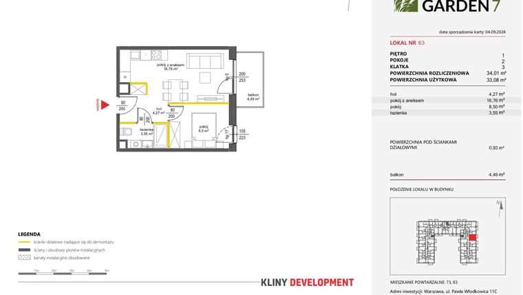 Rzut - Mieszkanie na sprzedaż 2 pokoje o powierzchni 33,08 m² - numer 63 w Nova Viva Garden 7