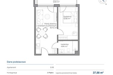 Rzut - Mieszkanie na sprzedaż 2 pokoje o powierzchni 37,58 m² - numer B.3.13 w Anchoria Holiday