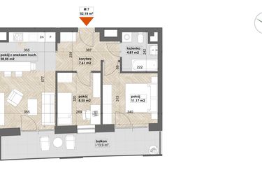 Rzut - Mieszkanie na sprzedaż 3 pokoje o powierzchni 52,19 m² - numer 7 w Apartamenty Śródmieście