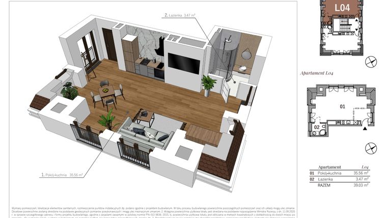 Rzut - Mieszkanie na sprzedaż 1 pokój o powierzchni 39,03 m² - numer L04 w Przy Parku etap II
