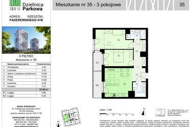 Rzut - Mieszkanie na sprzedaż 3 pokoje o powierzchni 67,09 m² - numer 35/B7 w Dzielnica Parkowa VII