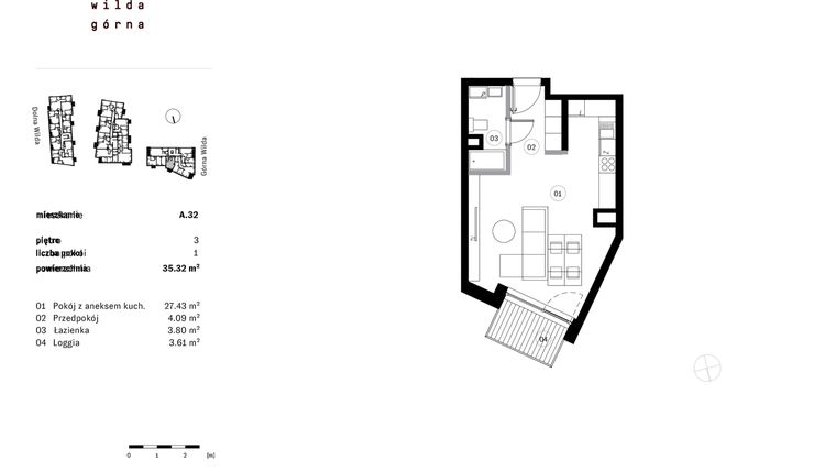 Rzut - Mieszkanie na sprzedaż 1 pokój o powierzchni 35,32 m² - numer A.32 w Dolna Górna Wilda