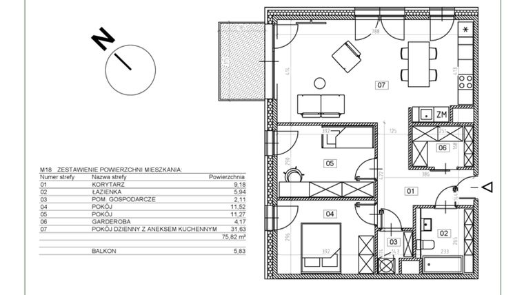 Rzut - Mieszkanie na sprzedaż 3 pokoje o powierzchni 76,02 m² - numer J.M18 w Osiedle Glivia Zachodnia