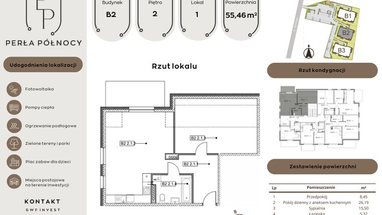 Rzut - Mieszkanie na sprzedaż 2 pokoje o powierzchni 55,46 m² - numer B2.2_1 w Perła Północy etap 2