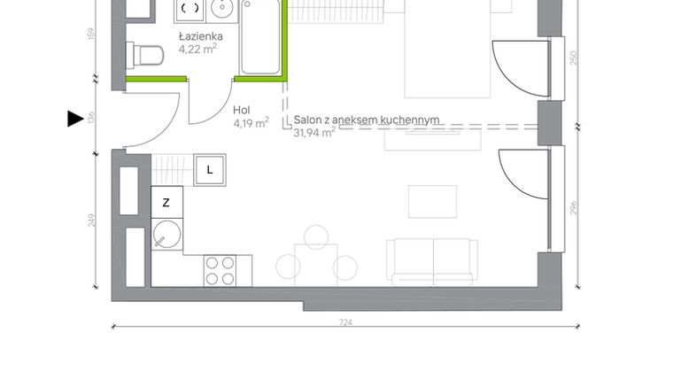 Rzut - Mieszkanie na sprzedaż 1 pokój o powierzchni 40,35 m² - numer A.0.1 w Jesionowa Vita