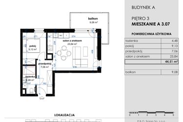 Rzut - Mieszkanie na sprzedaż 2 pokoje o powierzchni 44,51 m² - numer A 3.07 w Osiedle Kwiatowe