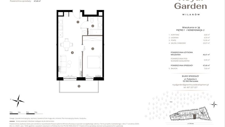 Rzut - Mieszkanie na sprzedaż 2 pokoje o powierzchni 46,41 m² - numer M.38 w Royal Garden Wilanów