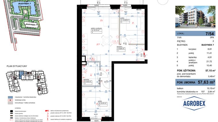 Rzut - Mieszkanie na sprzedaż 3 pokoje o powierzchni 57,63 m² - numer 7/54 w Nove Garby