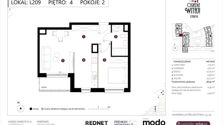 Rzut - Mieszkanie na sprzedaż 2 pokoje o powierzchni 47,46 m² - numer L209 w Osiedle Witaj etap II