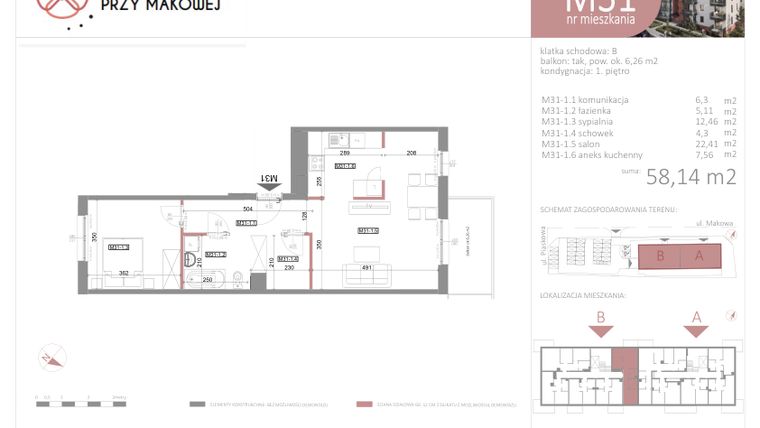 Rzut - Mieszkanie na sprzedaż 2 pokoje o powierzchni 58,14 m² - numer 31 w Przy Makowej