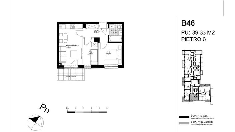 Rzut - Mieszkanie na sprzedaż 3 pokoje o powierzchni 38,83 m² - numer B46 w Apartamenty Kopernika - etap II