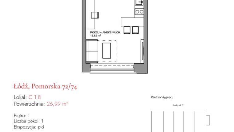 Rzut - Mieszkanie na sprzedaż 1 pokój o powierzchni 26,87 m² - numer C 1.8 w Melody Loft