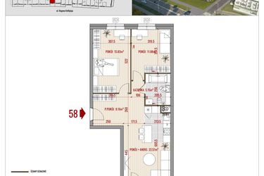 Rzut - Mieszkanie na sprzedaż 3 pokoje o powierzchni 64,59 m² - numer B1.58 w HUZAR B1