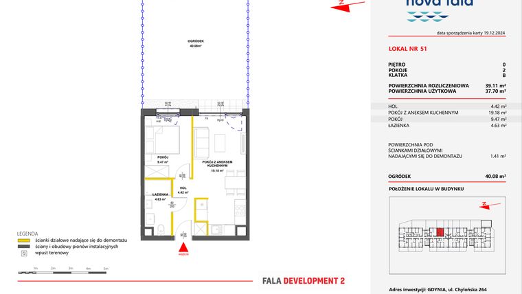 Rzut - Mieszkanie na sprzedaż 2 pokoje o powierzchni 39,11 m² - numer 51 w Miasteczko Nova Fala