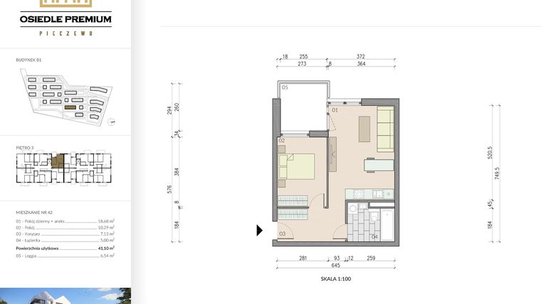 Rzut - Mieszkanie na sprzedaż 2 pokoje o powierzchni 41,1 m² - numer B1.42 w Osiedle Premium etap IV