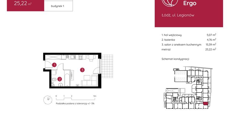Rzut - Mieszkanie na sprzedaż 1 pokój o powierzchni 25,22 m² - numer 1.B.0.06 w Murapol Ergo