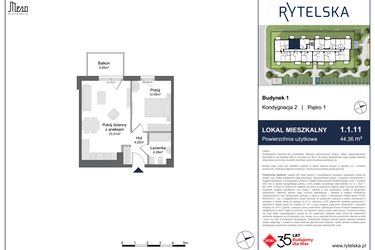 Rzut - Mieszkanie na sprzedaż 2 pokoje o powierzchni 44,36 m² - numer 1.1.11 w Rytelska