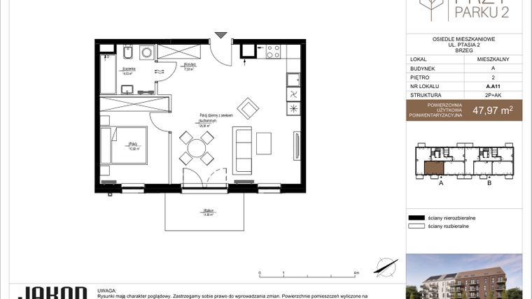 Rzut - Mieszkanie na sprzedaż 2 pokoje o powierzchni 47,97 m² - numer A.A11 w Przy Parku 2