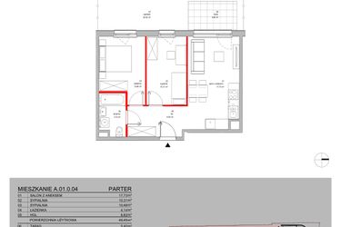 Rzut - Mieszkanie na sprzedaż 3 pokoje o powierzchni 49,49 m² - numer A.01.0.04 w Warszawska 58A