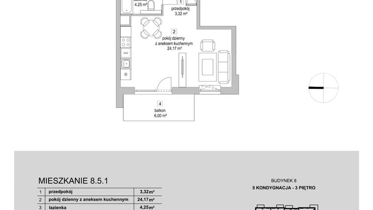 Rzut - Mieszkanie na sprzedaż 1 pokój o powierzchni 31,74 m² - numer 8.5.1 w Osiedle Przyjemne III