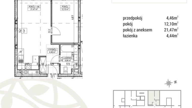 Rzut - Mieszkanie na sprzedaż 2 pokoje o powierzchni 42,47 m² - numer A2.03.28 w Zakątek Flora