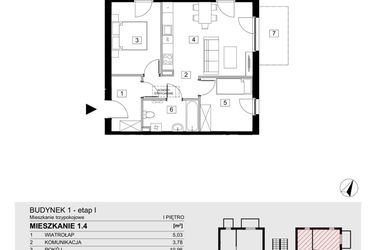 Rzut - Mieszkanie na sprzedaż 3 pokoje o powierzchni 54,27 m² - numer 1.4 w Jasieny