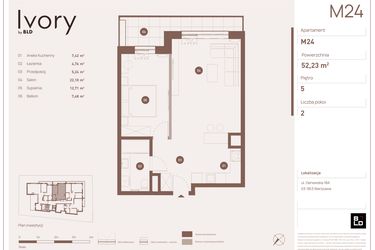 Rzut - Mieszkanie na sprzedaż 2 pokoje o powierzchni 52,23 m² - numer M24 w Ivory
