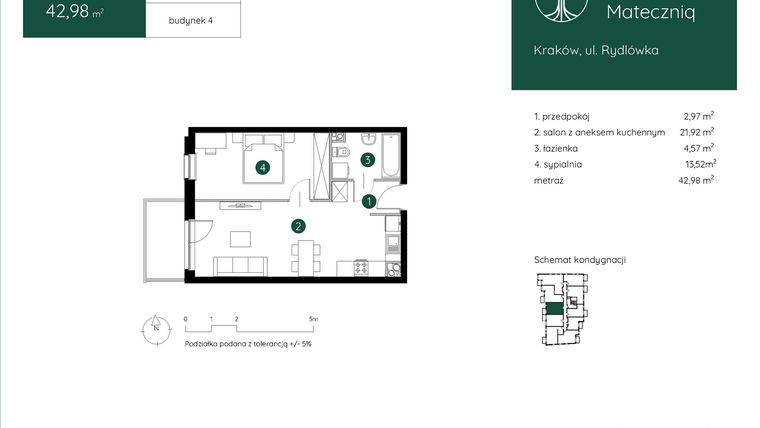 Rzut - Mieszkanie na sprzedaż 2 pokoje o powierzchni 42,98 m² - numer 4.A.1.06 w Murapol Mateczniq