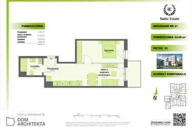 Rzut - Mieszkanie na sprzedaż 2 pokoje o powierzchni 44,08 m² - numer 01.M.21 w Dom Architekta