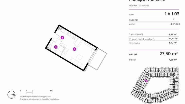 Rzut - Mieszkanie na sprzedaż 1 pokój o powierzchni 27,3 m² - numer 1.A.1.03 w Murapol Portovo etap II