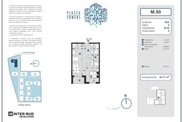 Rzut - Mieszkanie na sprzedaż 2 pokoje o powierzchni 46,17 m² - numer 50 w Piasta Towers bud. 90A