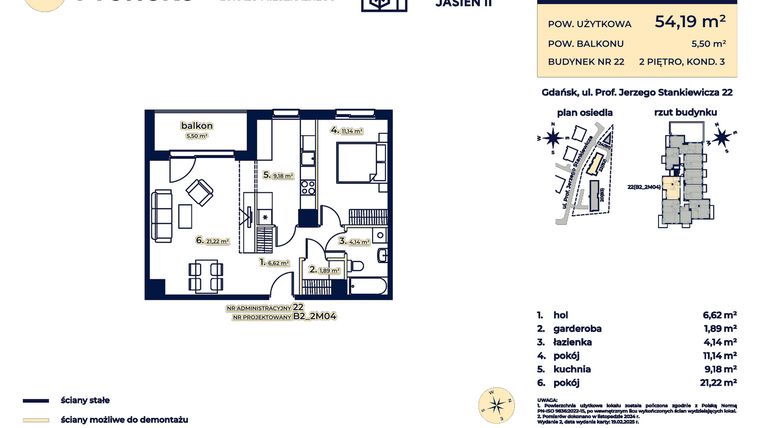 Rzut - Mieszkanie na sprzedaż 2 pokoje o powierzchni 54,19 m² - numer B2_2M04 w Kaskada Jasień - etap II