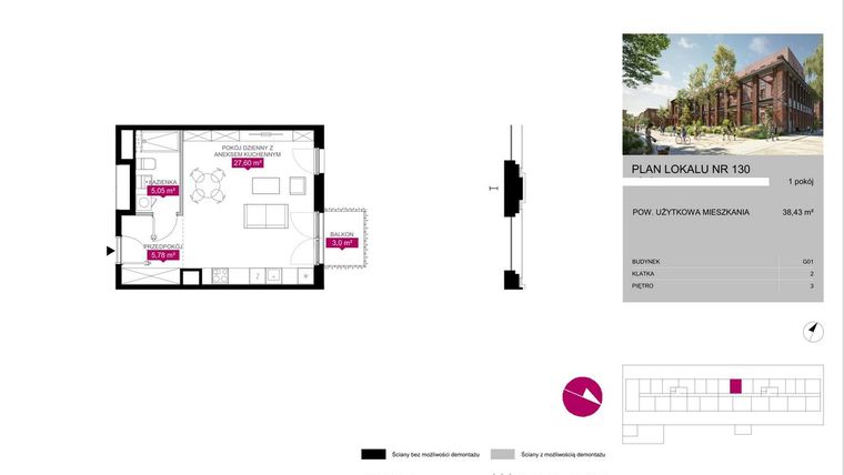 Rzut - Mieszkanie na sprzedaż 1 pokój o powierzchni 38,42 m² - numer 130 w Fuzja Mieszkania Loftowe
