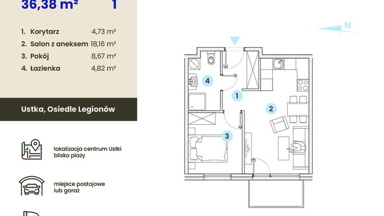 Rzut - Mieszkanie na sprzedaż 2 pokoje o powierzchni 36,38 m² - numer 1.6 w Ustka Flow