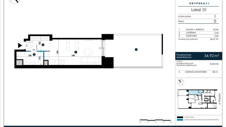 Rzut - Mieszkanie na sprzedaż 1 pokój o powierzchni 34,92 m² - numer M01 w Krypska 33