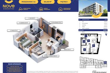 Rzut - Mieszkanie na sprzedaż 2 pokoje o powierzchni 39,08 m² - numer M06 w Nove Dobczyce