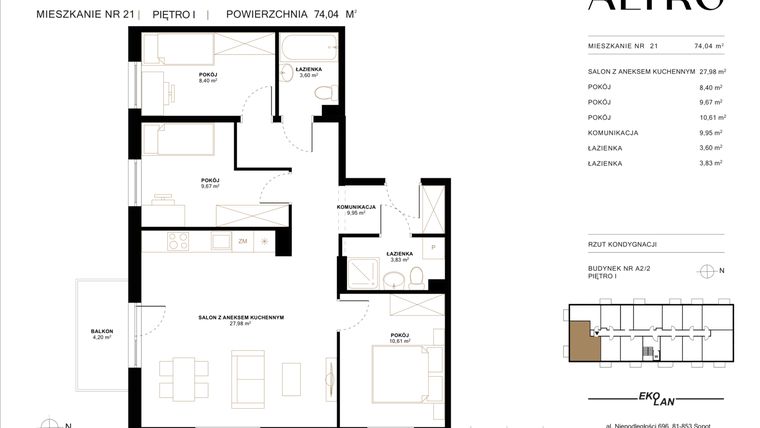 Rzut - Mieszkanie na sprzedaż 4 pokoje o powierzchni 74,05 m² - numer A2.2/21 w Altro A2/2