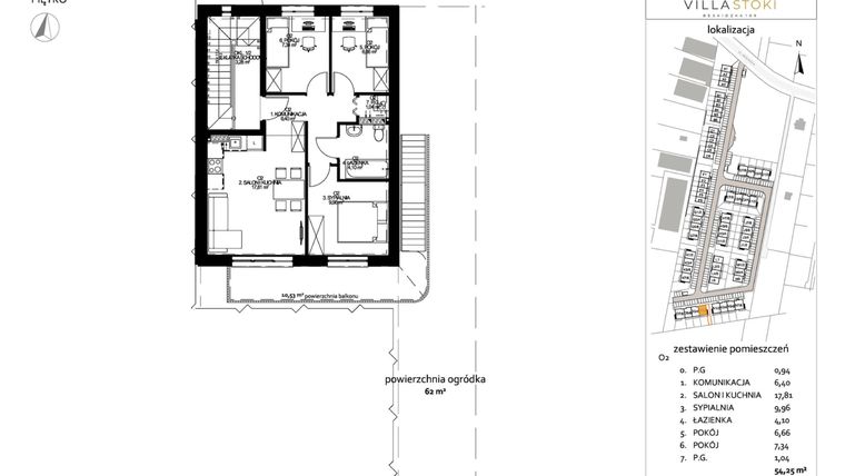 Rzut - Mieszkanie na sprzedaż 4 pokoje o powierzchni 54,25 m² - numer O2 w Villa Stoki (mieszkania)