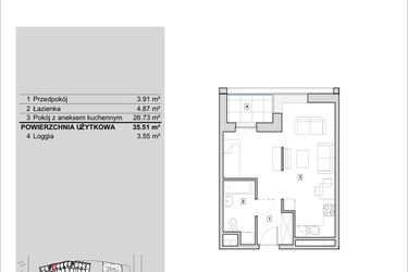 Rzut - Mieszkanie na sprzedaż 1 pokój o powierzchni 35,51 m² - numer H1-A-7-1 w Heyki City