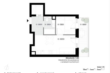 Rzut - Mieszkanie na sprzedaż 2 pokoje o powierzchni 34,44 m² - numer 1.M2 w Stalowa 76