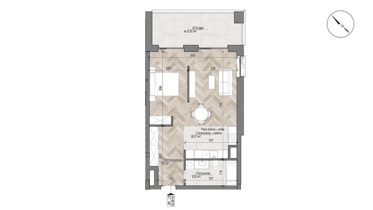 Rzut - Mieszkanie na sprzedaż 1 pokój o powierzchni 52,98 m² - numer 7 w Apartamenty Czysta