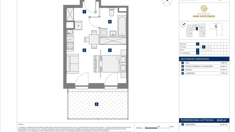 Rzut - Mieszkanie na sprzedaż 2 pokoje o powierzchni 29,63 m² - numer F-31 w Apartamenty Park Matecznego Etap 2