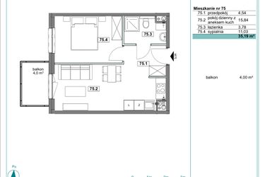Rzut - Mieszkanie na sprzedaż 2 pokoje o powierzchni 35,18 m² - numer D.75 w Osiedle Kościuszki etap II