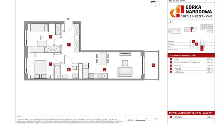 Rzut - Mieszkanie na sprzedaż 3 pokoje o powierzchni 52,63 m² - numer GN_4_1_H_16 w Osiedle Górka Narodowa