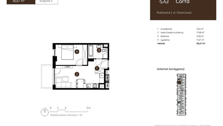 Rzut - Mieszkanie na sprzedaż 2 pokoje o powierzchni 36,67 m² - numer 2.A.1.11 w Murapol Corfa